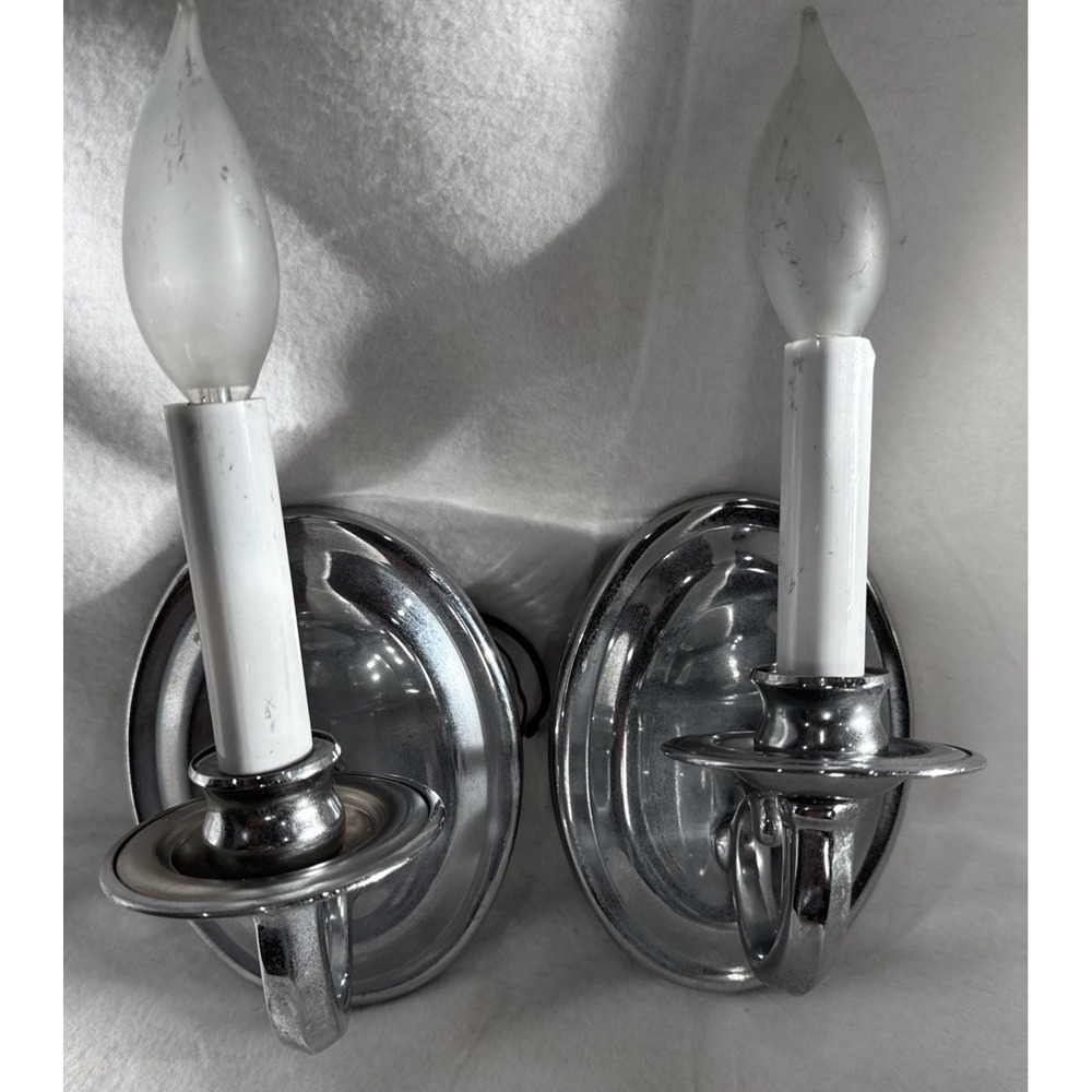 Pair of Vintage One Light Curved Arm Sconce Light Wired With Candle in Chrome